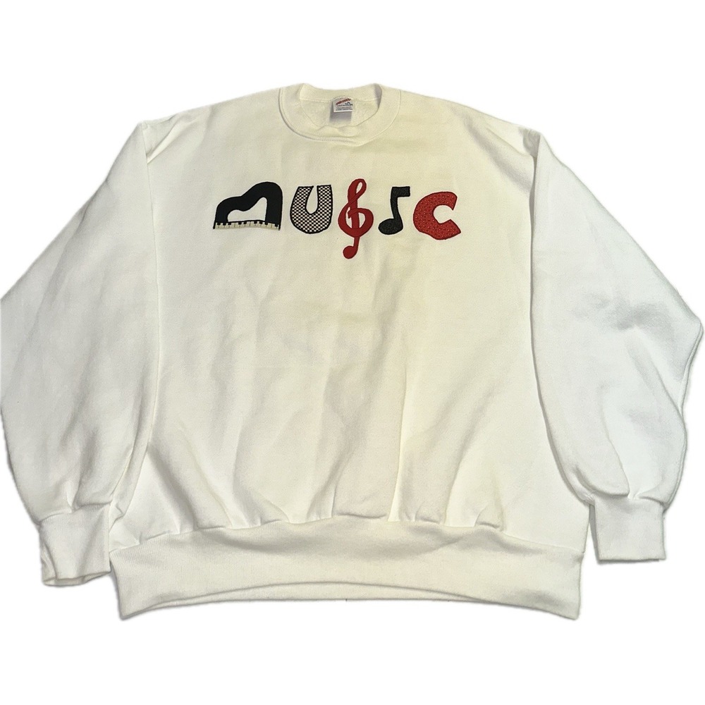 Vintage 90's‎ White Crewneck Sweater Men's Size XL Music Instruments Jerzees